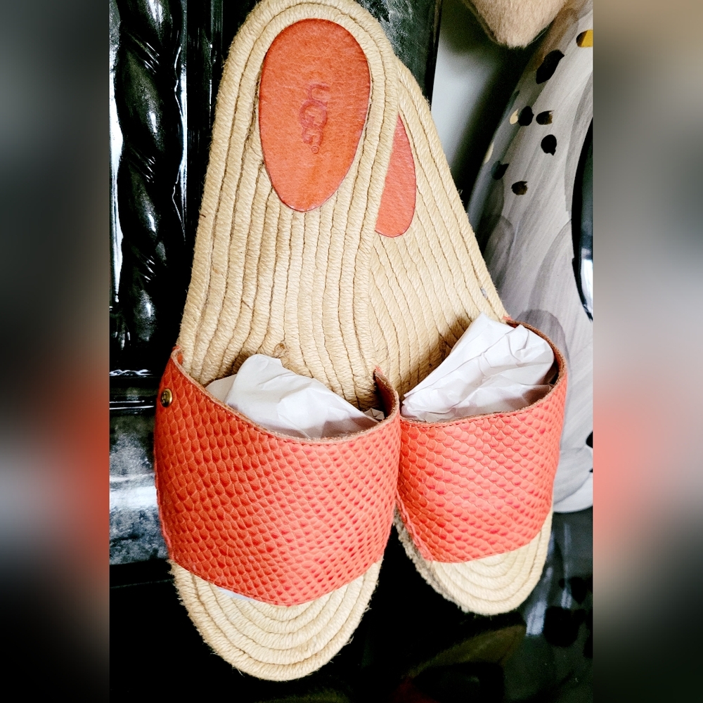 UGG Cherry Exotic Genuine Leather/Jute Espadrille Flat Slide Sandals Salmon 10 - Picture 11 of 16